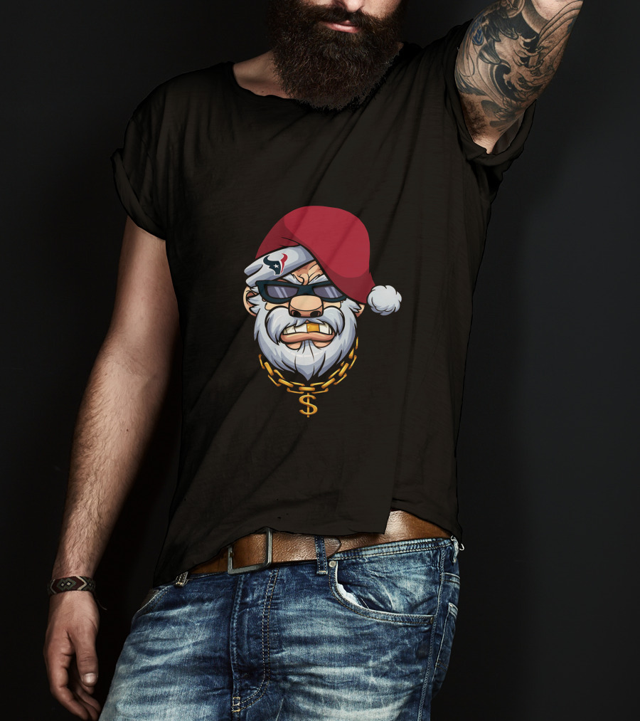 Texans Gangster Santa Wearing Sunglasses And Santa Hat With Dollar Sign Chain T-Shirt