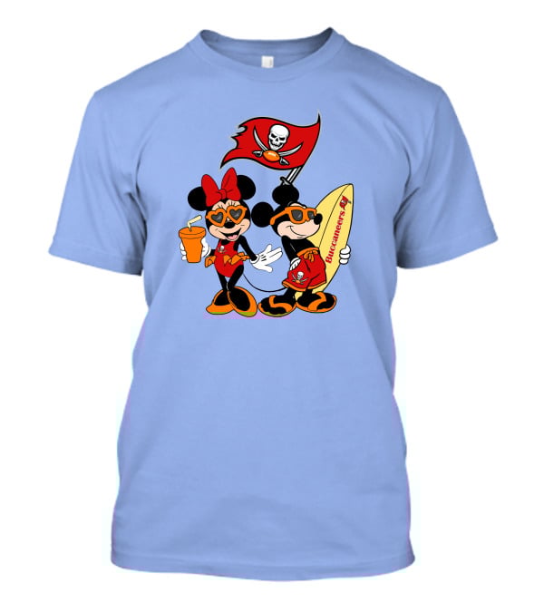 Buccaneers Vacation Mickey And Minnie With Pirate Flag And Surfboard T-Shirt