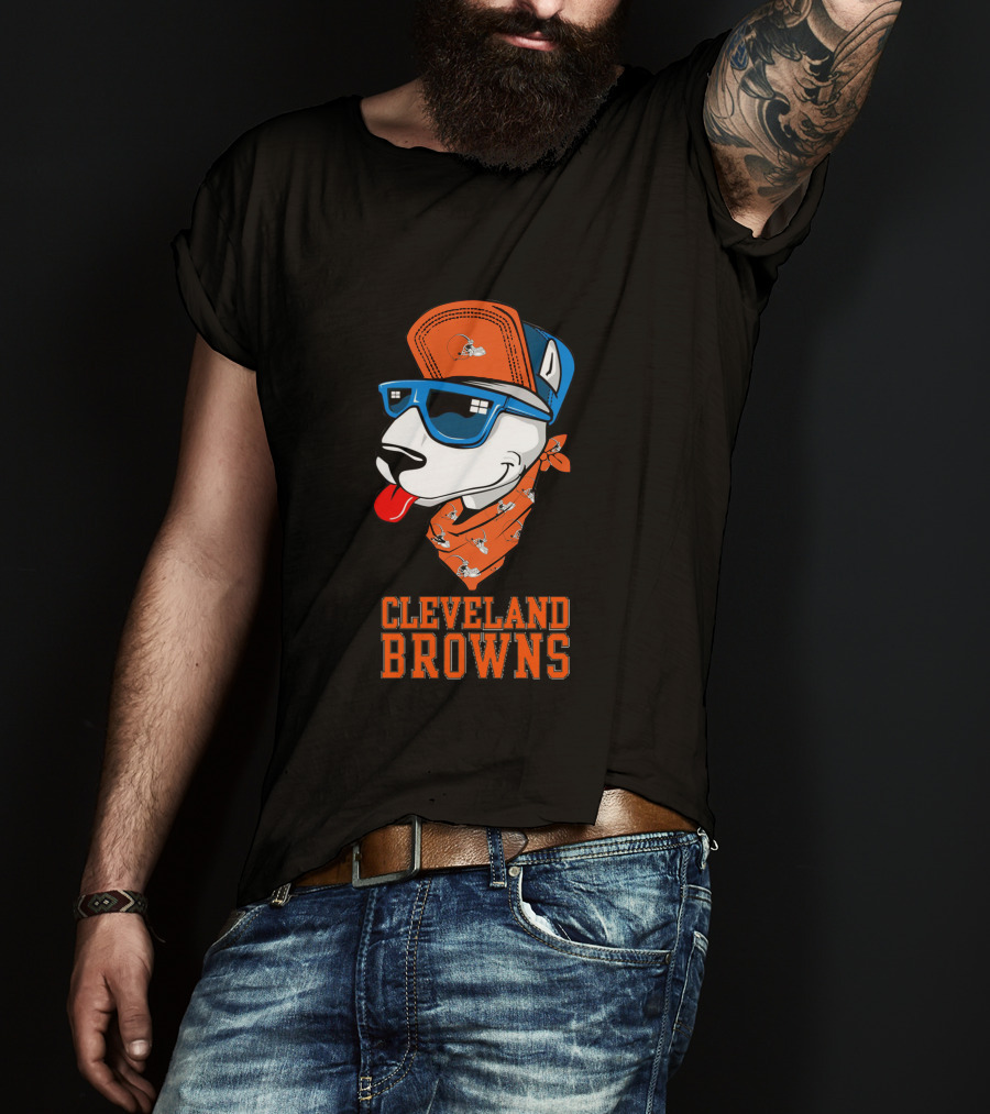 Cleveland Browns Bull Terrier With Sunglasses And Bandana T-Shirt