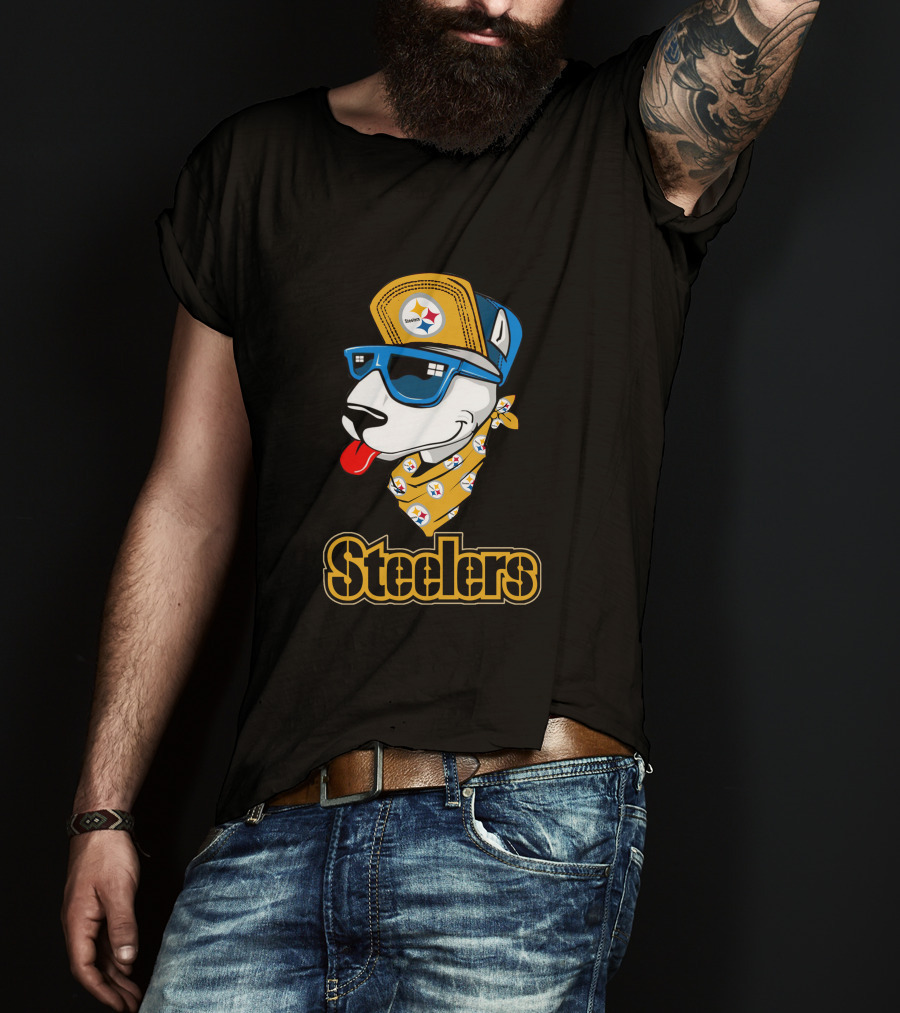 Steelers Bull Terrier Wearing Cap And Sunglasses With Logo Bandana T-Shirt