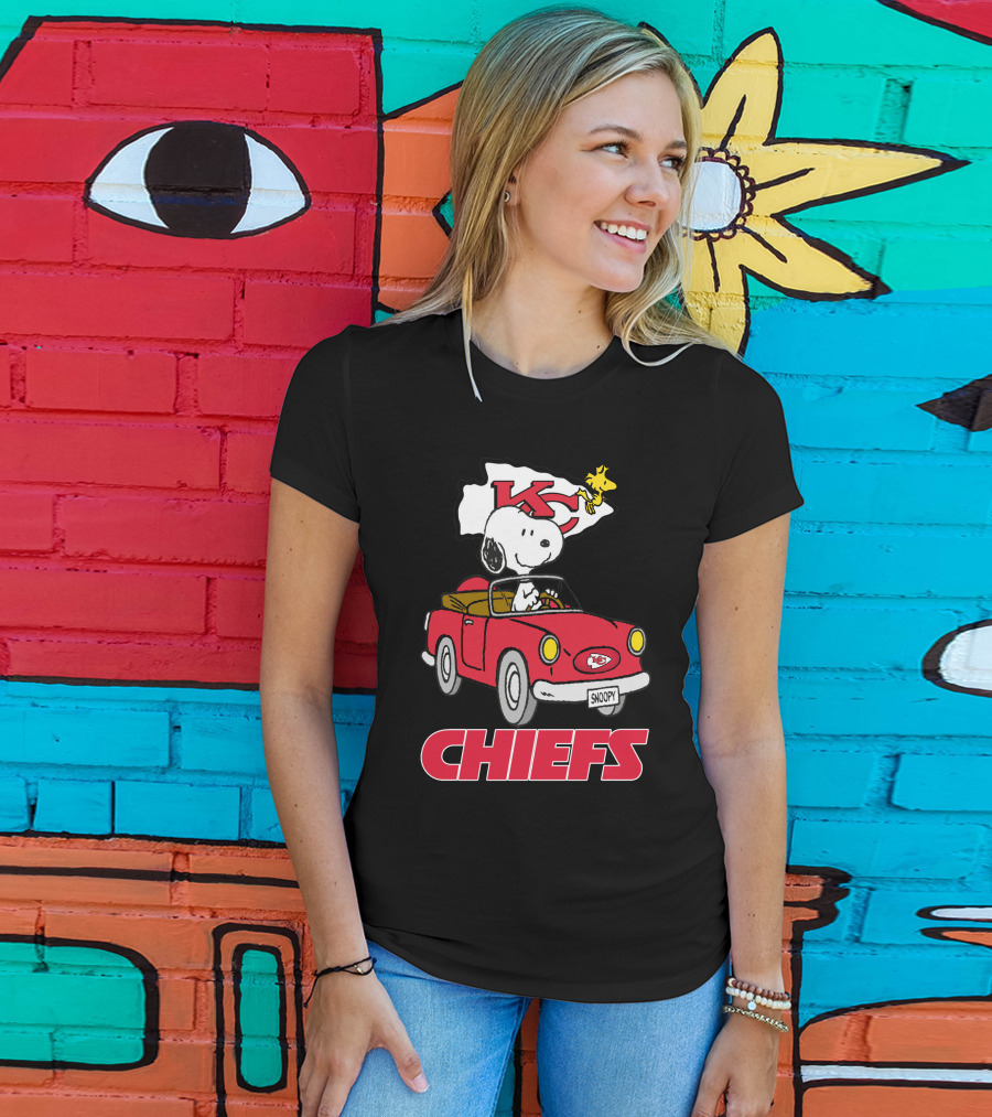 Chiefs Snoopy Driving With KC Flag T-Shirt