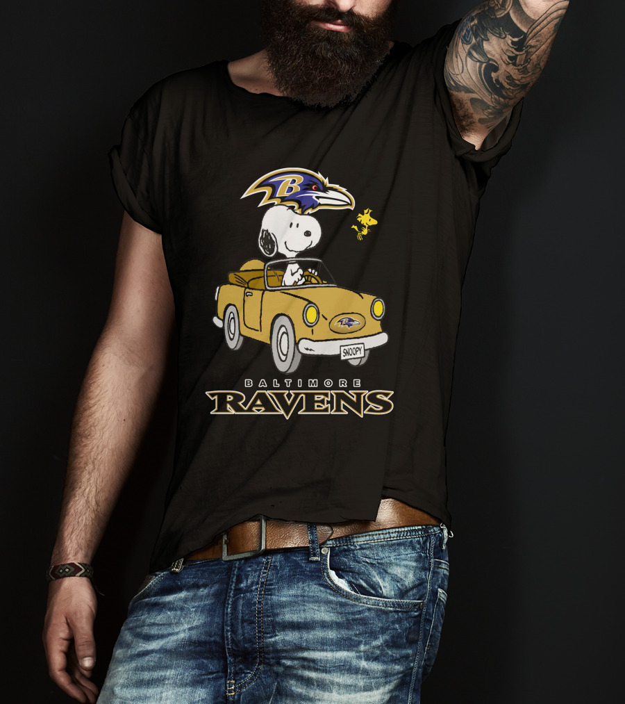 Baltimore Ravens Snoopy Driving Car With Woodstock T-Shirt