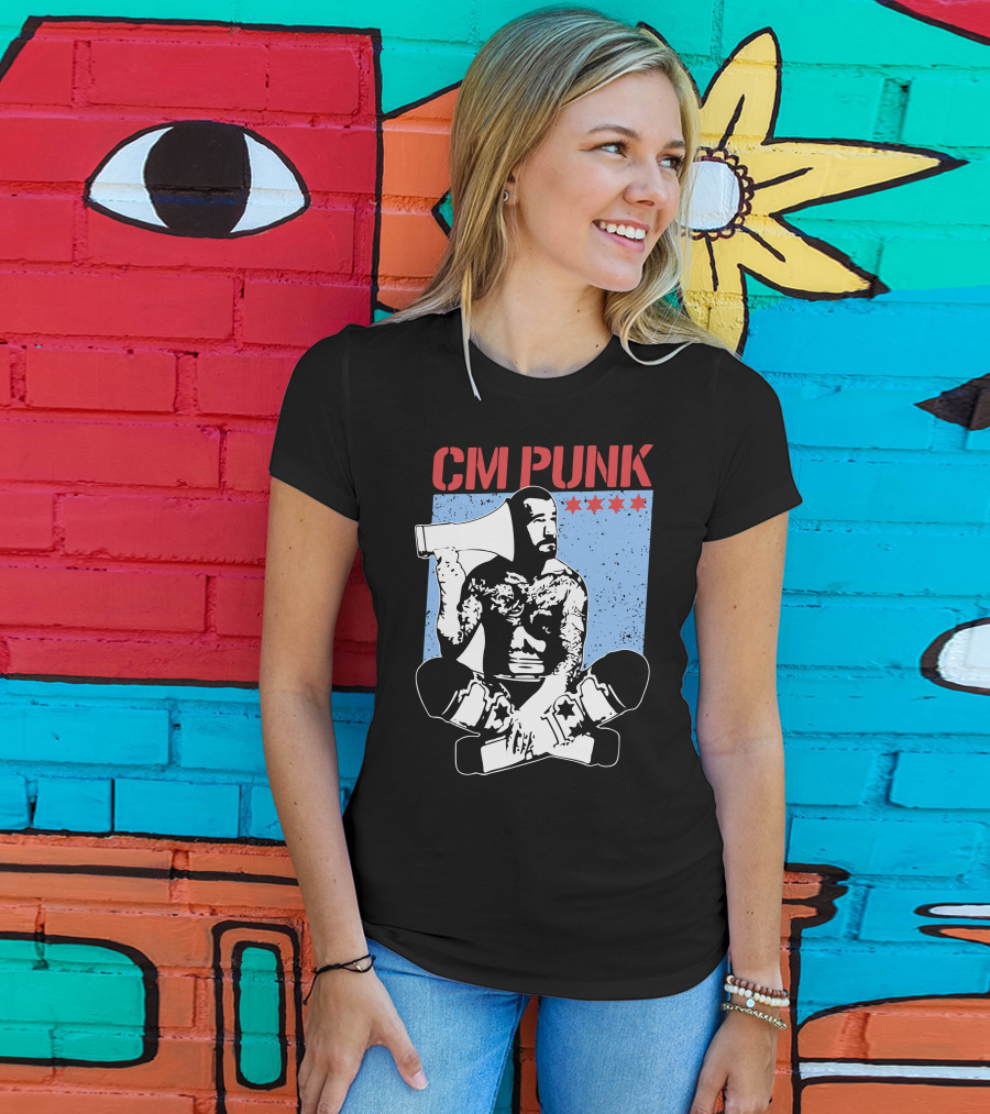 CM Punk AEW All Elite Wrestling Megaphone Graphic With Red Stars T-Shirt