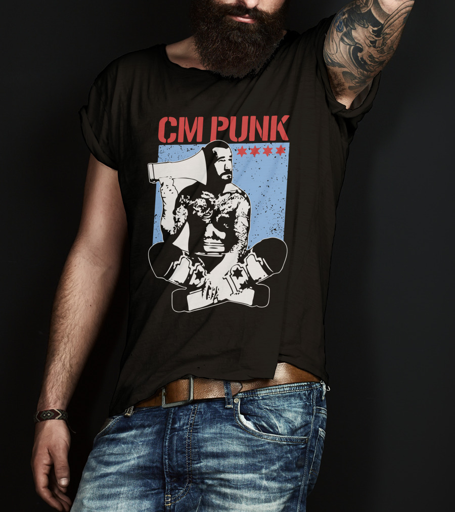 CM Punk AEW All Elite Wrestling Megaphone Graphic With Red Stars T-Shirt