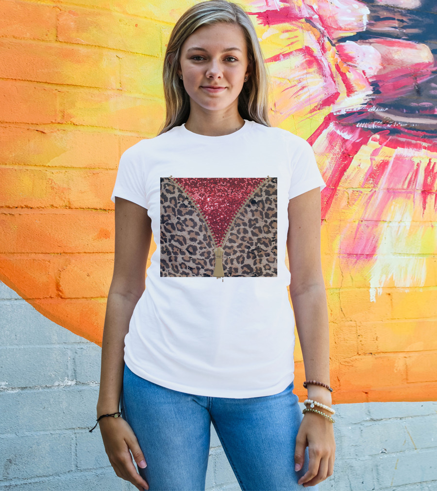 Red Faux Glitter Leopard Zipper Tumbler T-Shirt