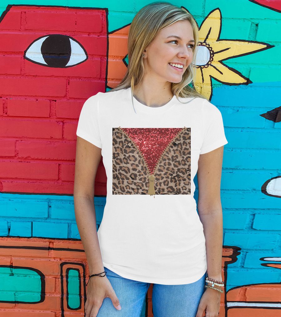 Red Faux Glitter Leopard Zipper Tumbler T-Shirt