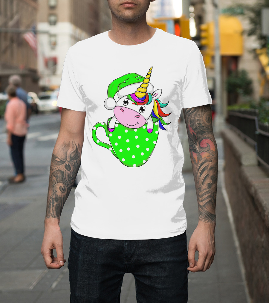 Funny Christmas Unicorn in Santa Hat with Green Polka Dot Cup T-Shirt
