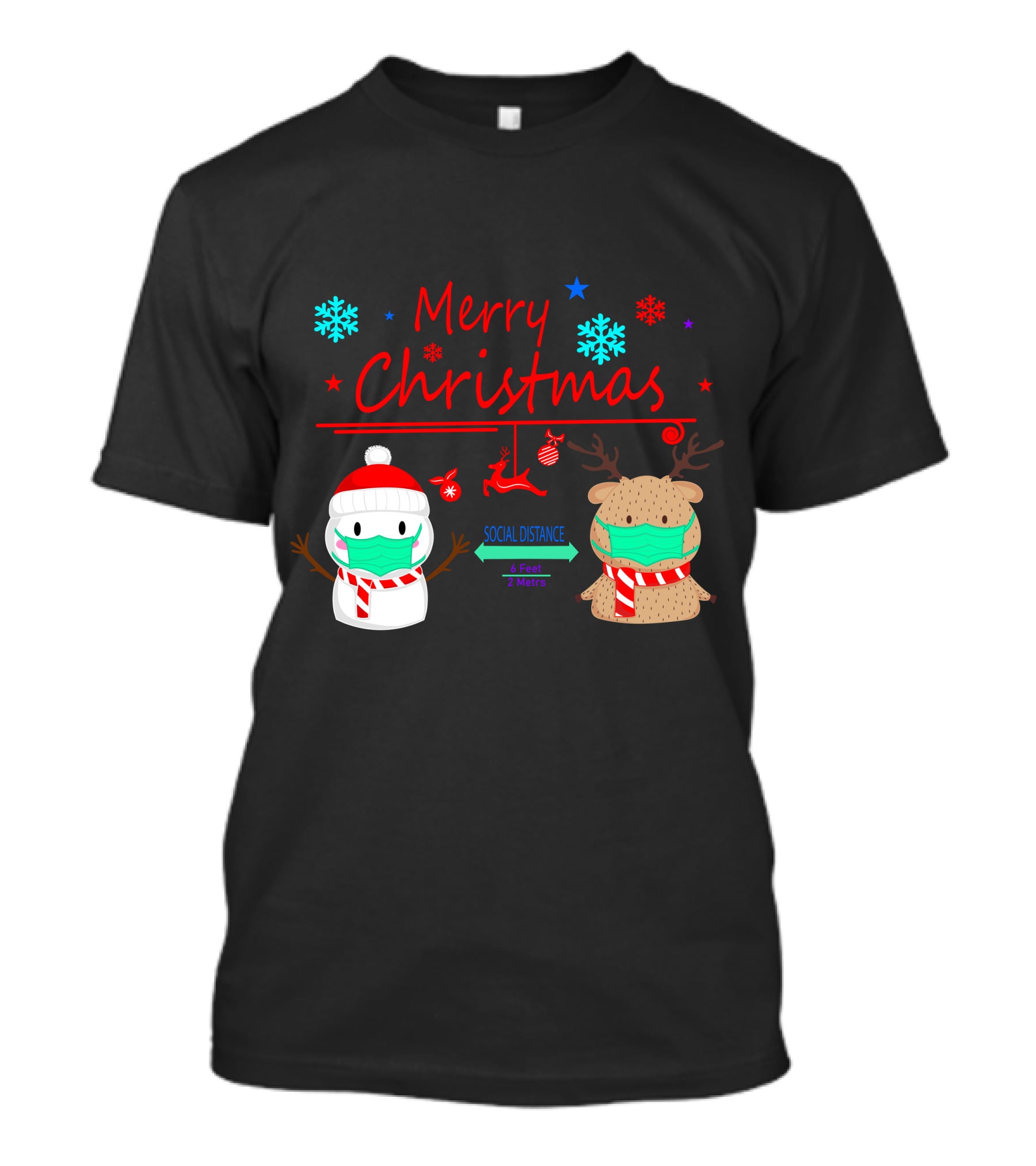 Merry Christmas Social Distance Snowman And Reindeer With Masks T-Shirt
