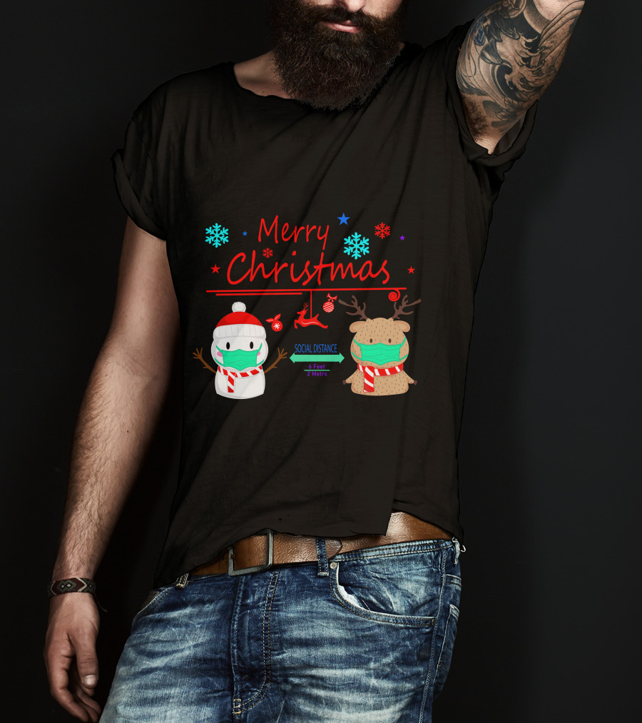 Merry Christmas Social Distance Snowman And Reindeer With Masks T-Shirt