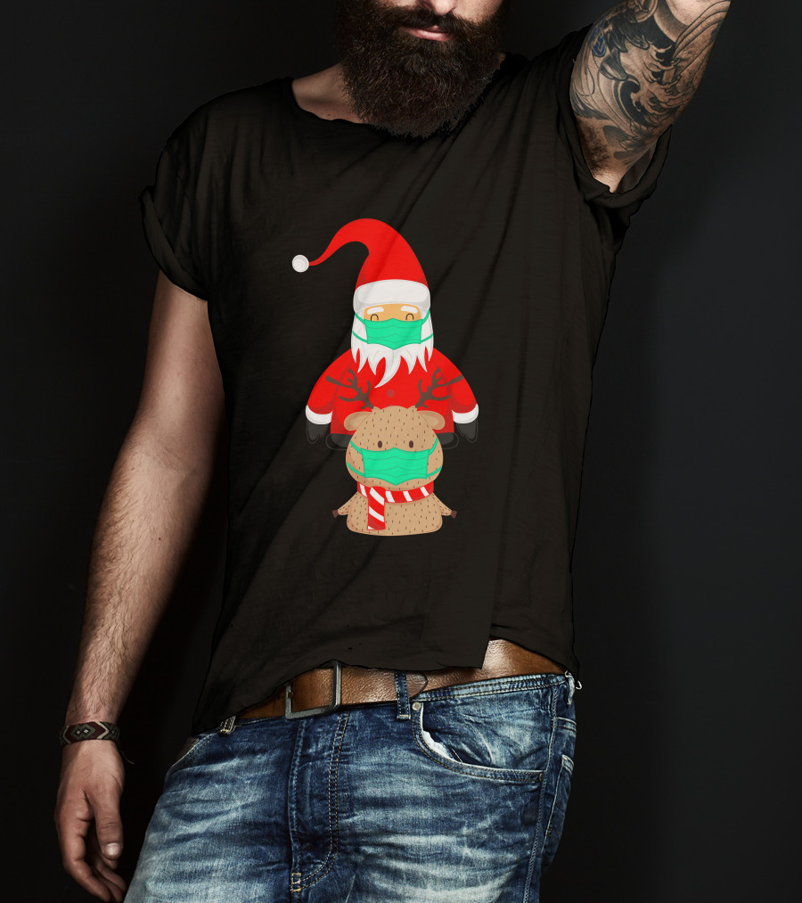Santa Claus And Reindeer Wearing Masks T-Shirt