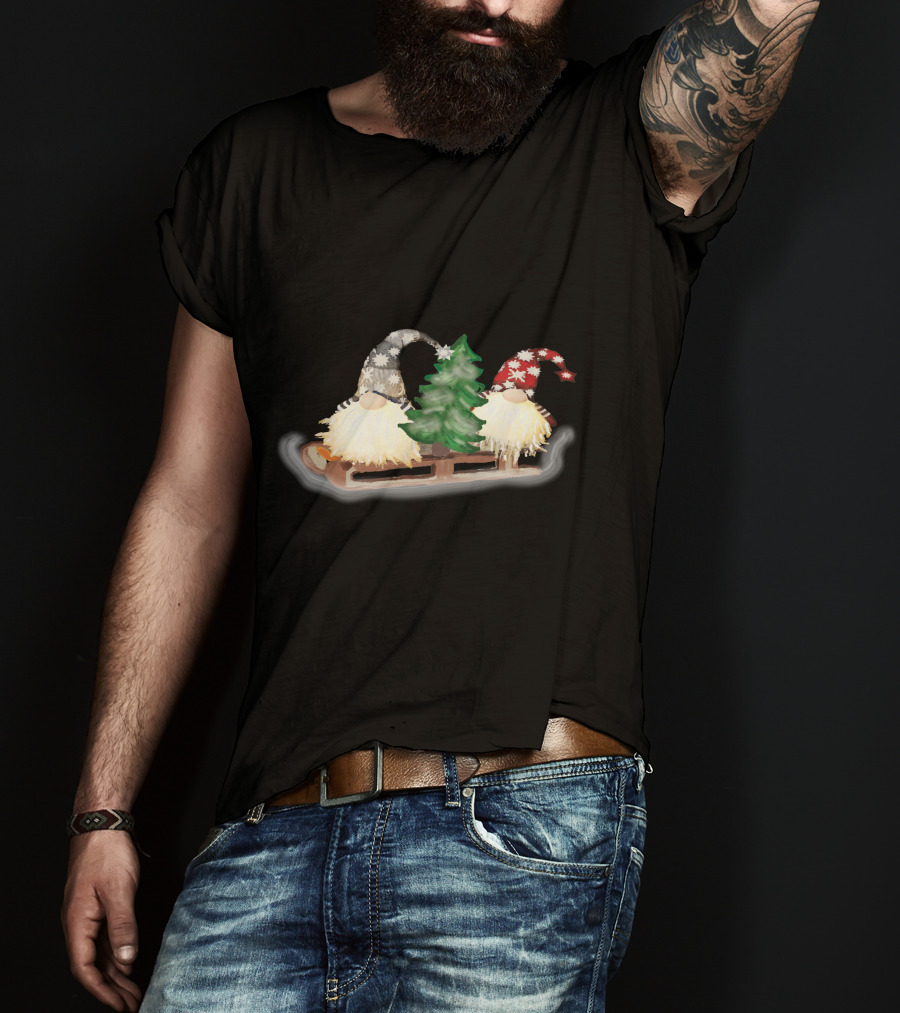 Gnomes On Sleigh With Christmas Tree And Snowflake Hats T-Shirt