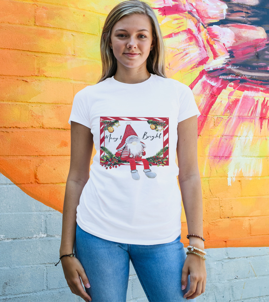 Merry And Bright Gnome Candy Cane Christmas Holiday T-Shirt