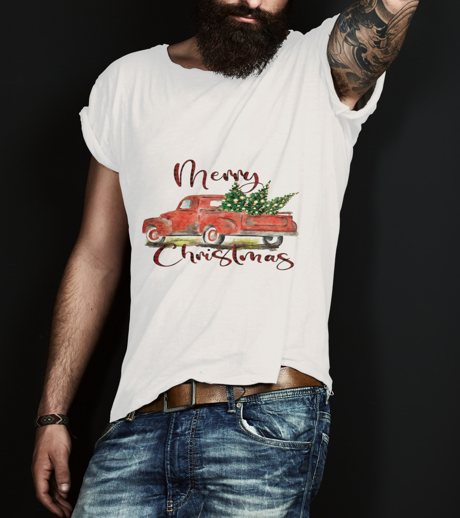Merry Christmas Red Truck With Festive Tree T-Shirt