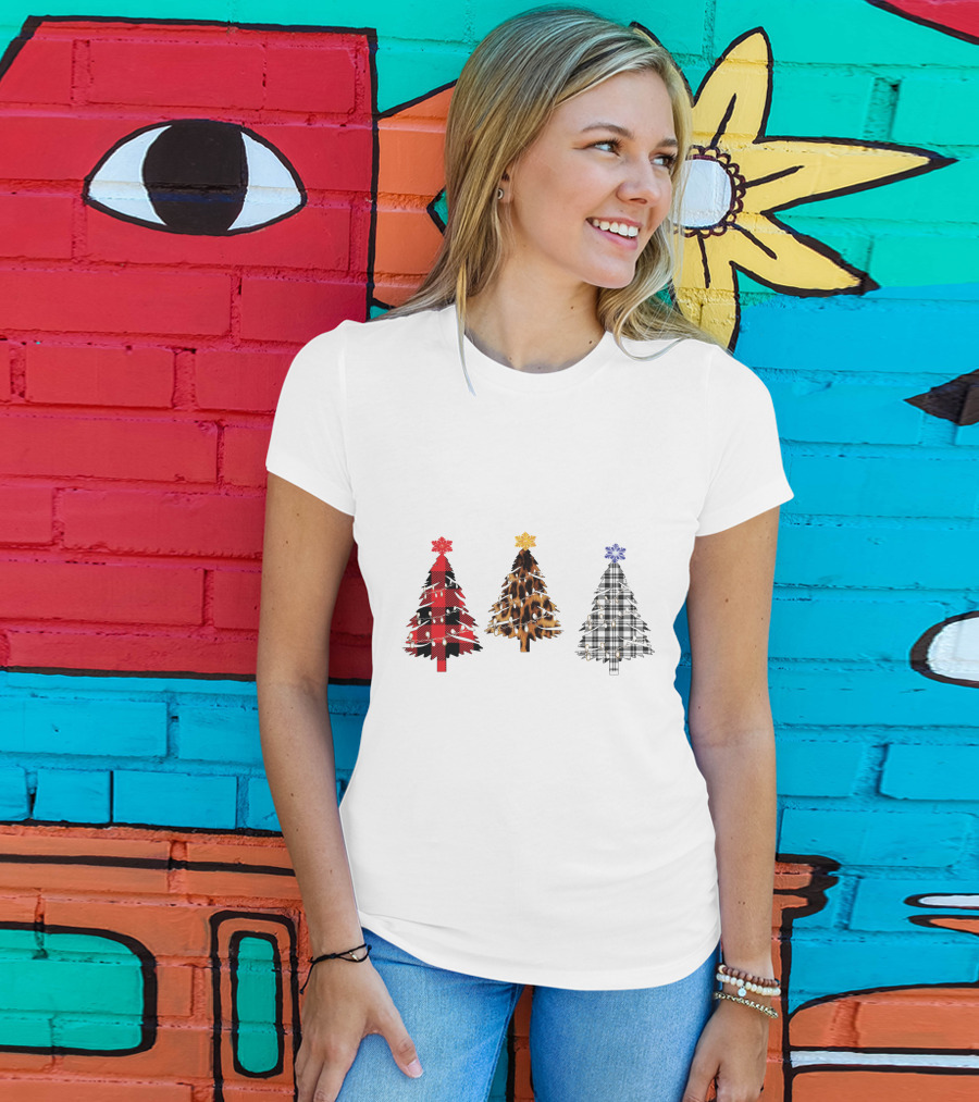 Buffalo Plaid Leopard Tartan Christmas Trees T-Shirt