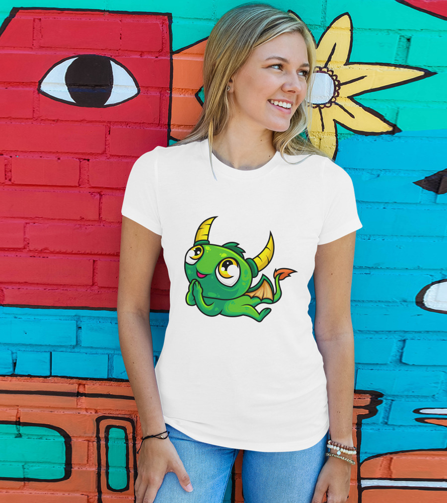 Cute Green Dragon Kawaii Cartoon Character With Horns And Wings T-Shirt