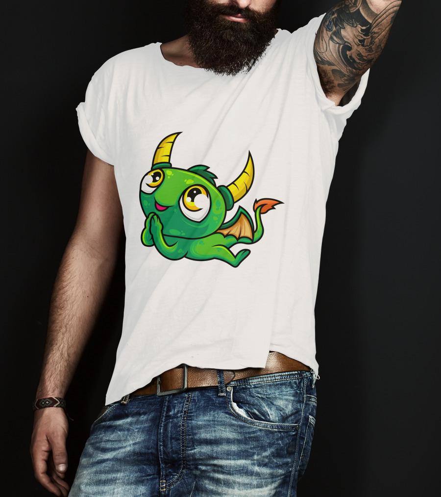 Cute Green Dragon Kawaii Cartoon Character With Horns And Wings T-Shirt