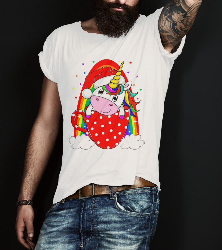 Unicorn In Santa Hat With Rainbow And Red Polka Dot Cup T-Shirt