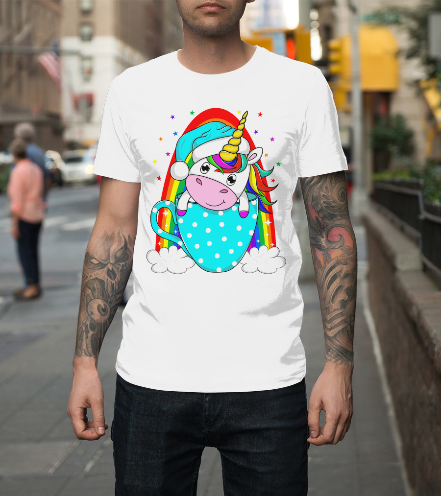 Unicorn In Polka Dot Blue Cup With Rainbow And Stars T-Shirt