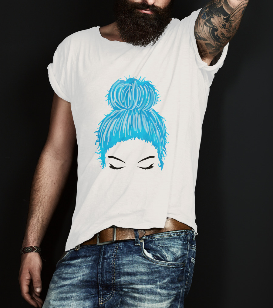 Messy Bun Blue Hair Momlife Trendy Hairstyle Sketch T-Shirt