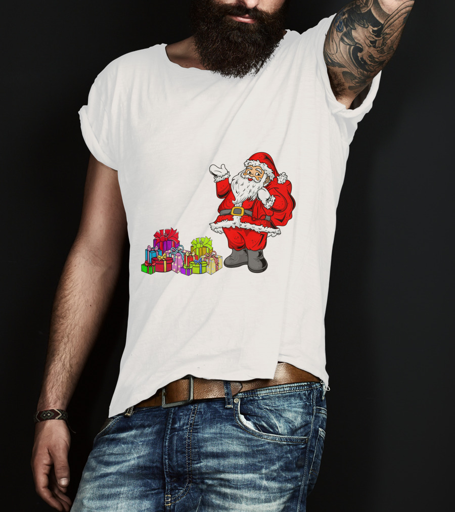 Santa Claus Joyfully Delivering Colorful Presents T-Shirt