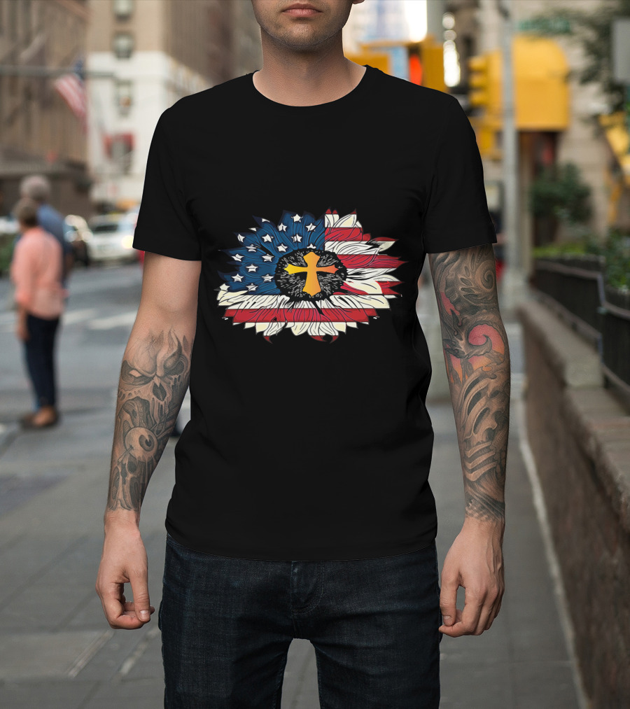 American Flag Cross Floral Design Sunflower Center T-Shirt