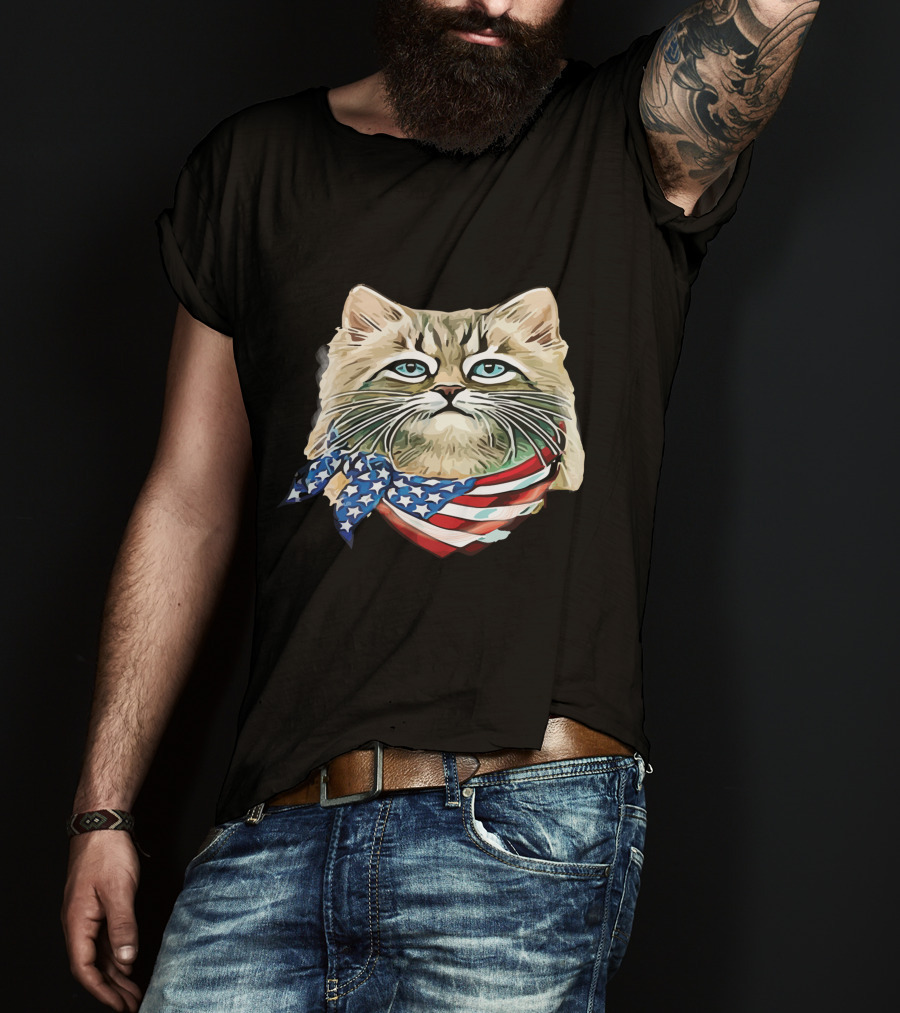 Fluffy Cat Wearing Stars And Stripes Flag Bandana T-Shirt