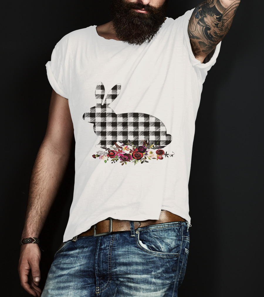 Bunny Black White Plaid Floral Roses T-Shirt