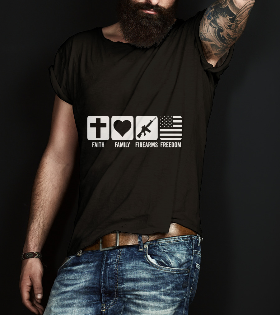 Faith Family Firearms And Freedom Cross Heart Rifle American Flag T-Shirt