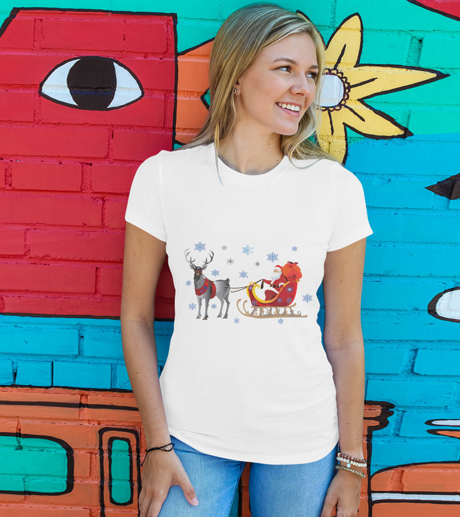 Christmas Santa With Reindeer And Sleigh Surrounded By Snowflakes T-Shirt