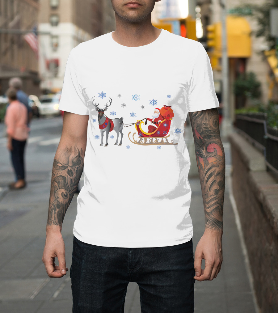 Christmas Santa With Reindeer And Sleigh Surrounded By Snowflakes T-Shirt