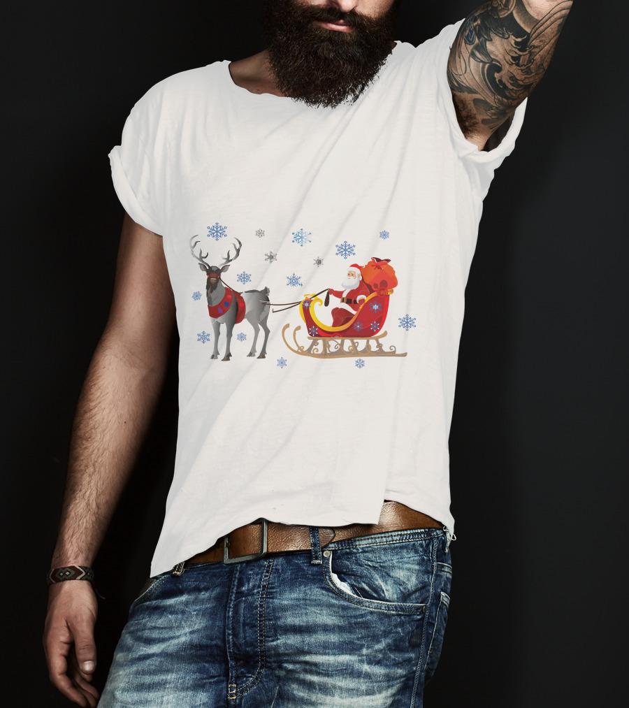 Christmas Santa With Reindeer And Sleigh Surrounded By Snowflakes T-Shirt