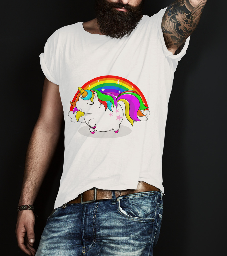 Cute Fat Unicorn With Rainbow Mane And Stars T-Shirt