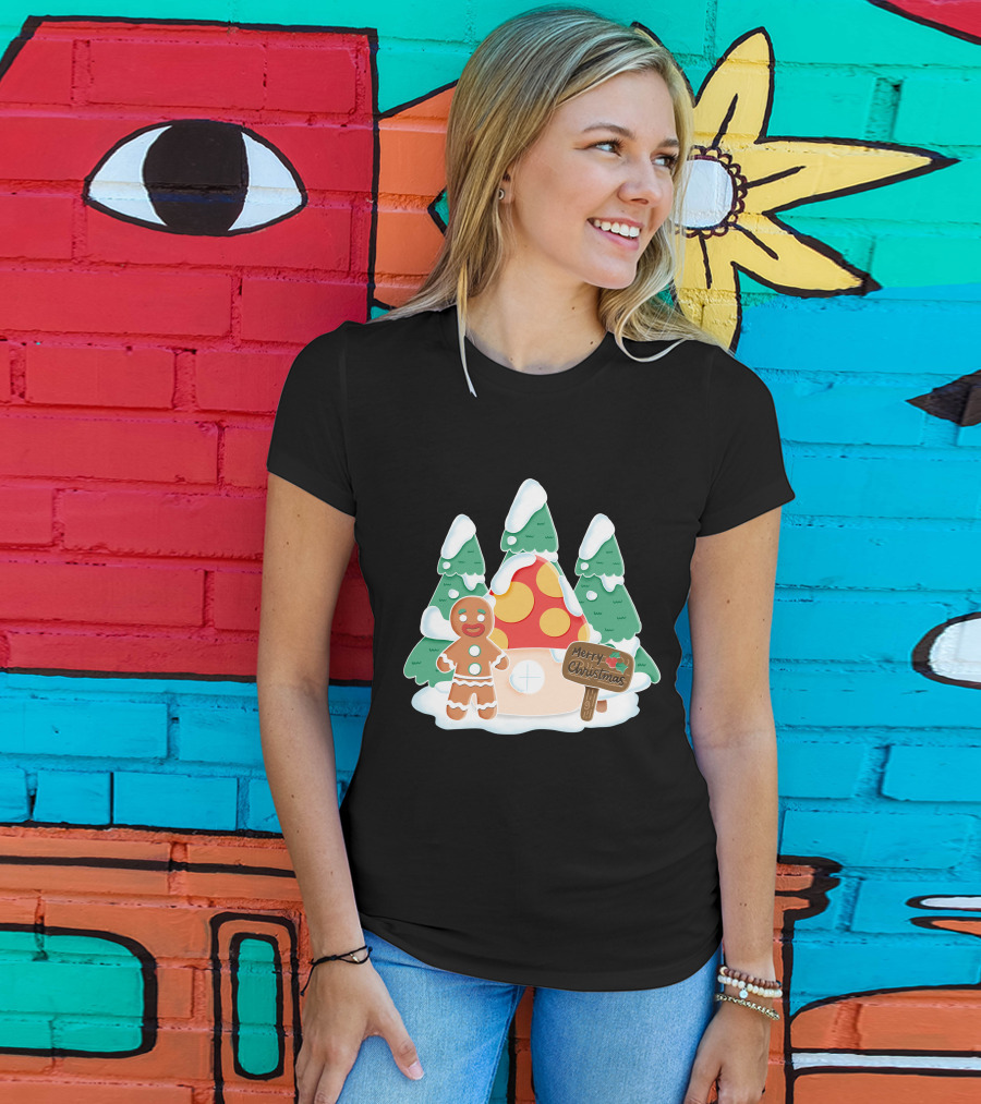 Merry Christmas Gingerman House With Snowy Trees And Mushroom Roof T-Shirt