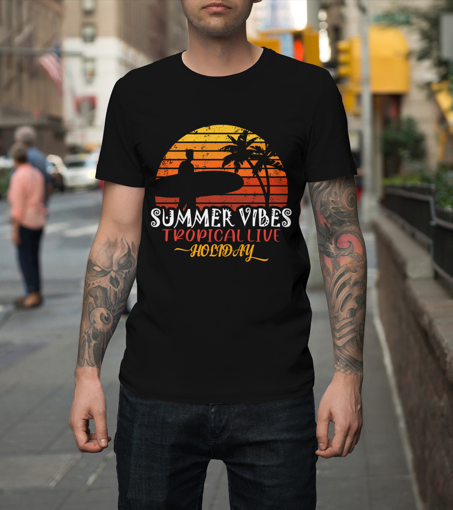 Summer Vibes Tropical Live Holiday Surfer Sunset Palms T-Shirt