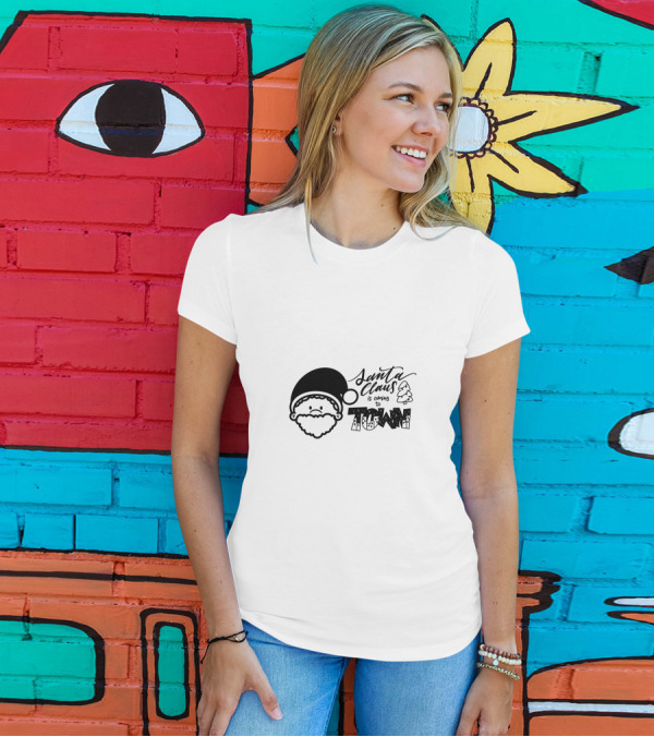 Santa Claus Is Coming To Town Festive Santa Face And Christmas Trees T-Shirt