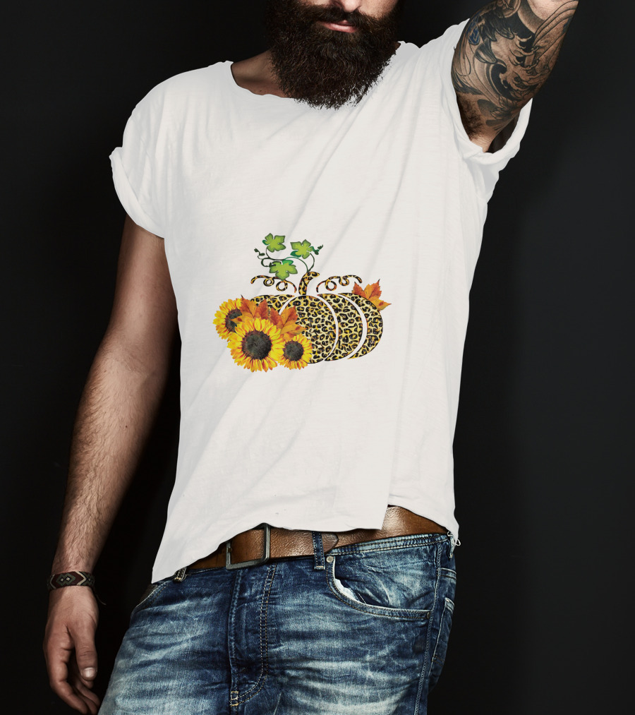 Thanksgiving Leopard Pumpkin Sunflowers And Leaves T-Shirt