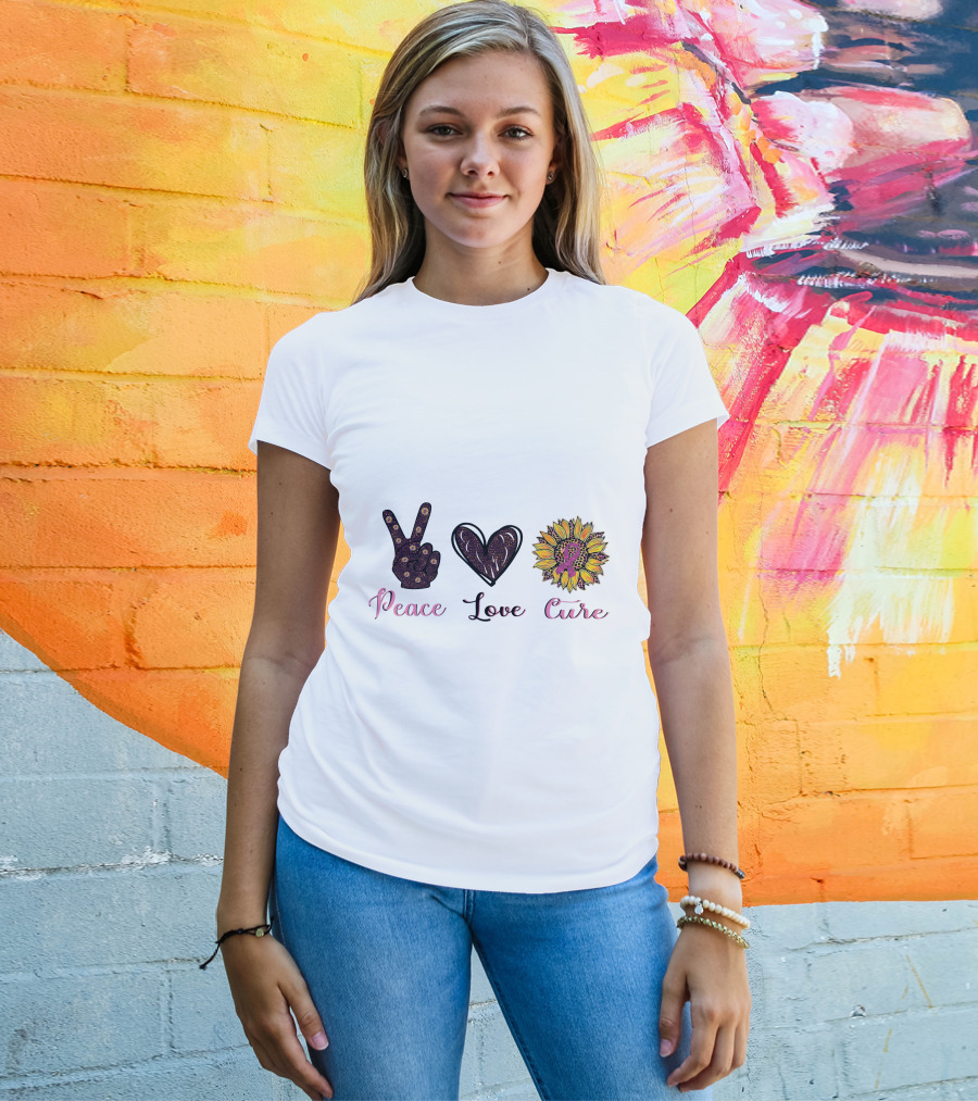Peace Love Cure Breast Cancer Sunflower Heart And Peace Sign T-Shirt