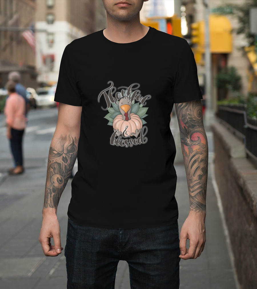 Thankful and Blessed Fall Sublimation Thanksgiving Turkey Pumpkin T-Shirt