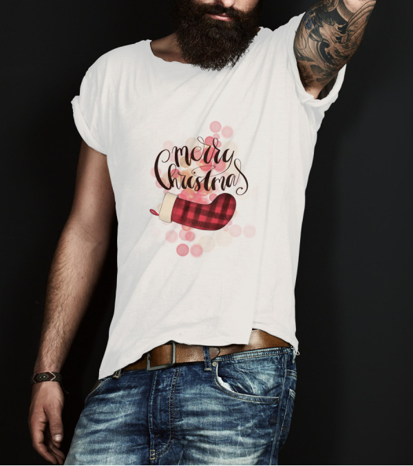 Merry Christmas Plaid Sock Pink Bubbles T-Shirt