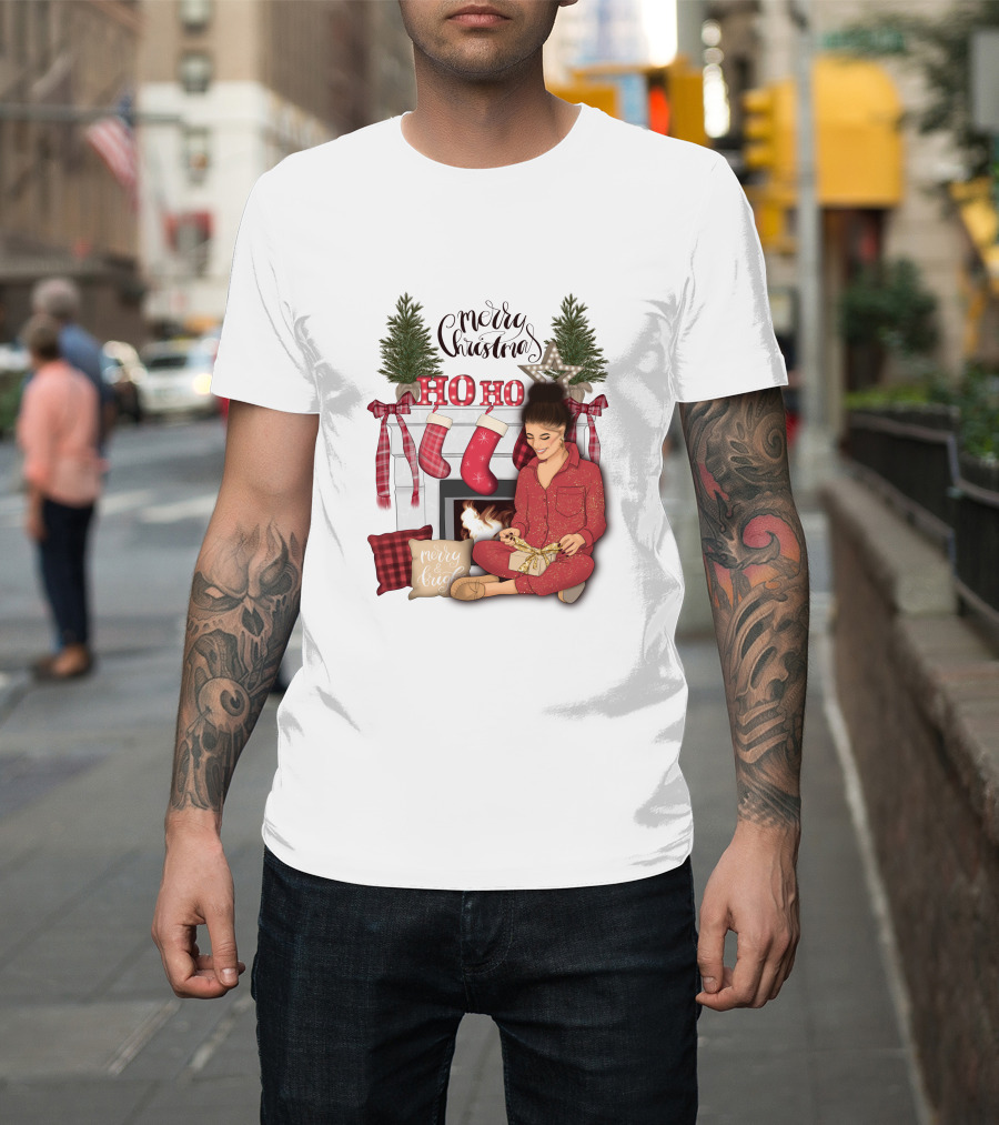 Merry Christmas Ho Ho Ho Girl By Fireplace With Stockings And Christmas Tree Decor T-Shirt