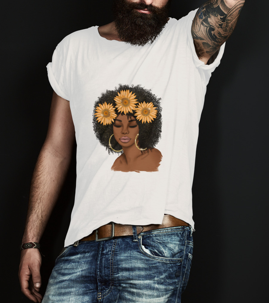 Afro Woman With Sunflowers And Hoop Earrings T-Shirt