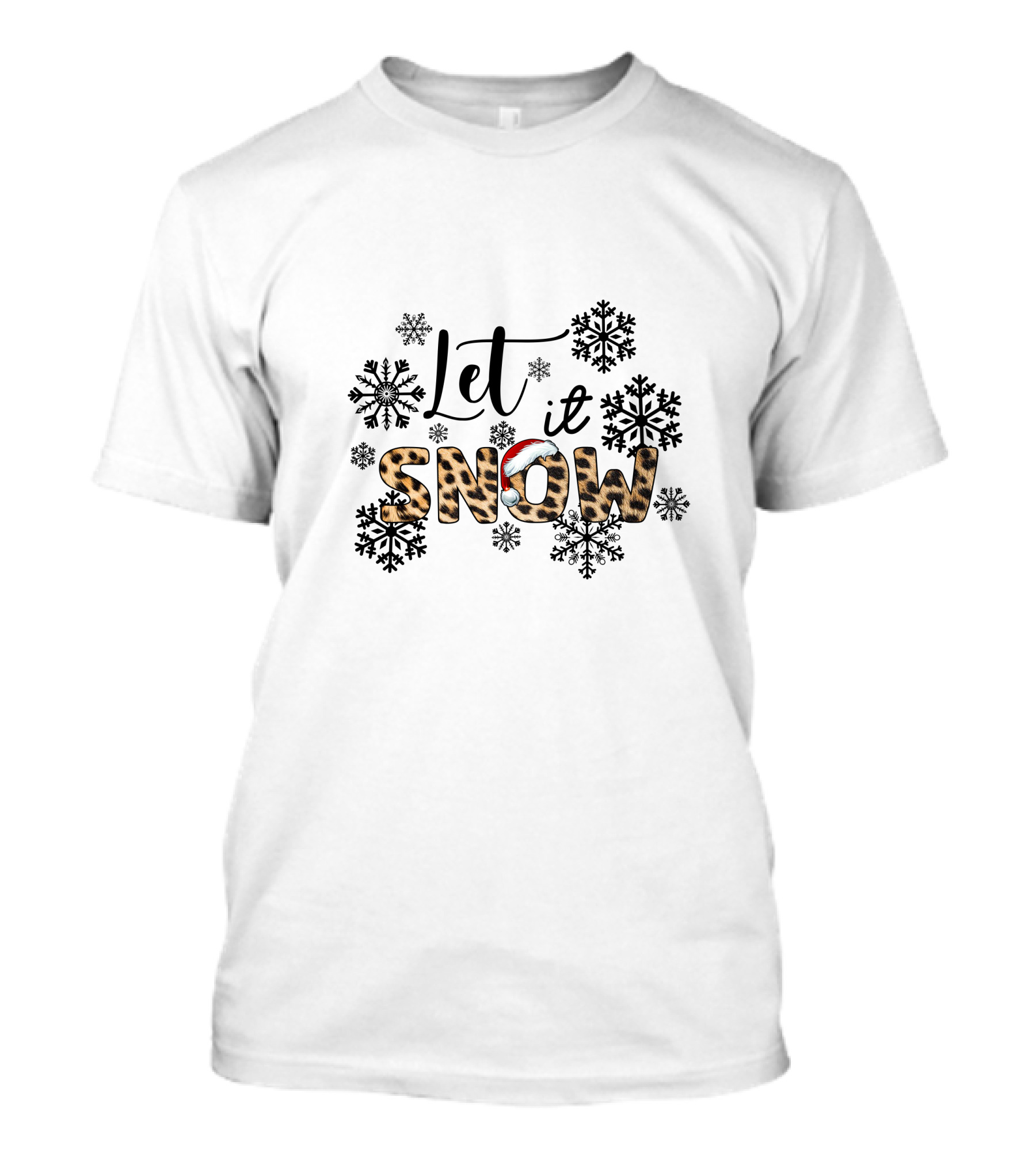Let It Snow Leopard Santa Hat Snowflakes T-Shirt