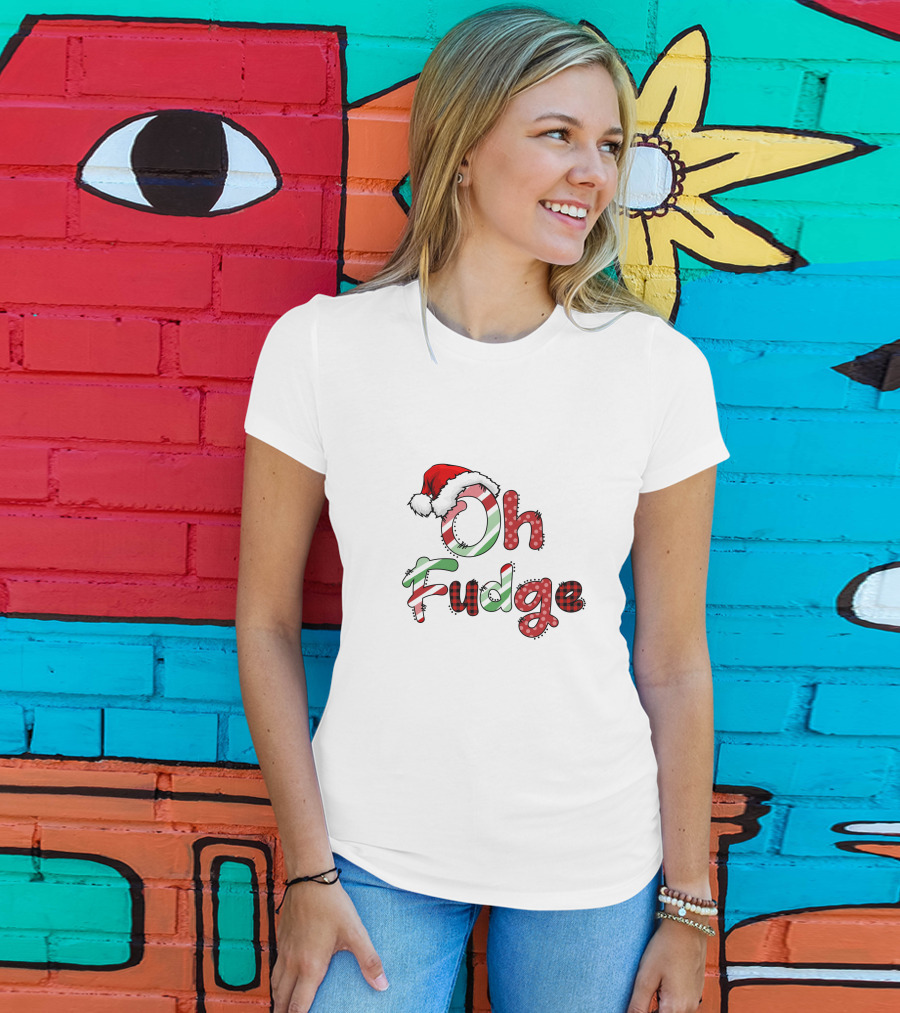 Oh Fudge Christmas Santa Hat Candy Cane Festive Lettering T-Shirt