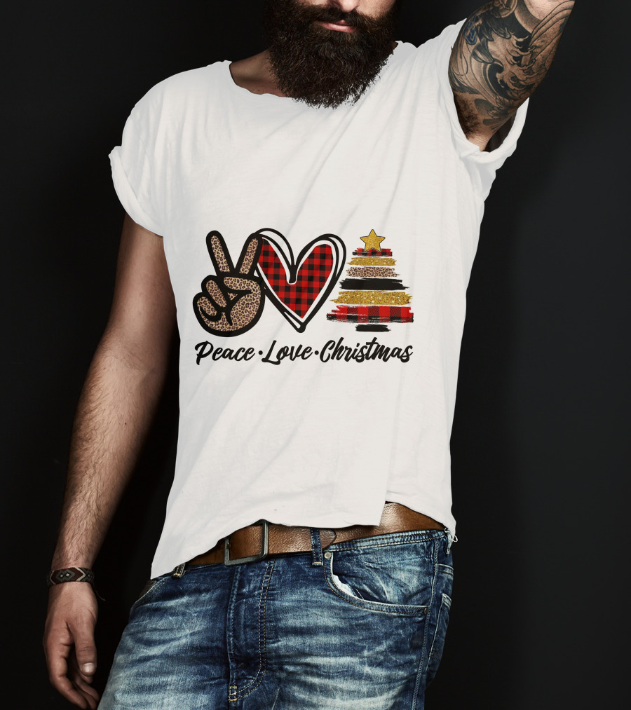 Peace Love Christmas Leopard Plaid Tree Star T-Shirt