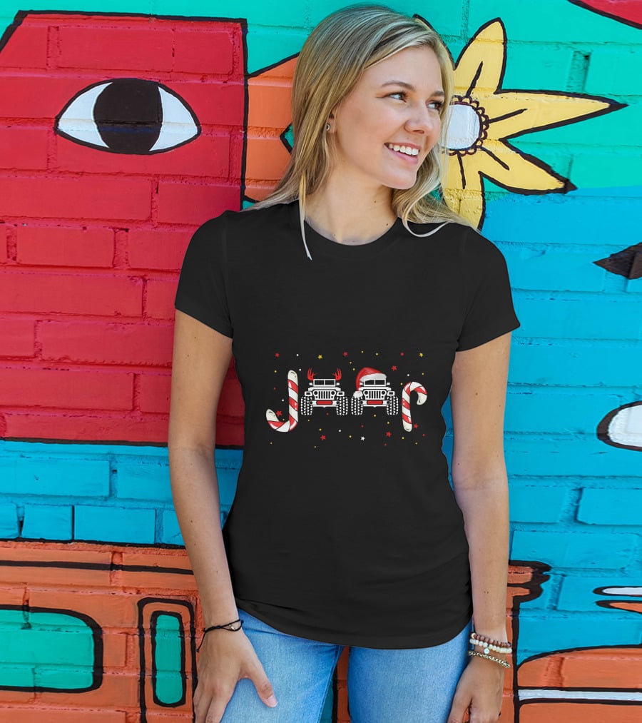 Jeep Christmas Candy Cane Reindeer Antlers Santa Hat T-Shirt