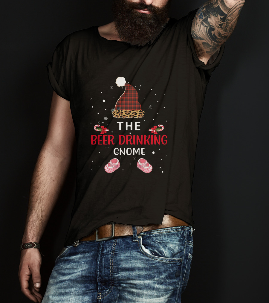 The Beer Drinking Gnome Christmas Hat Snow Candy Cane Shoes T-Shirt