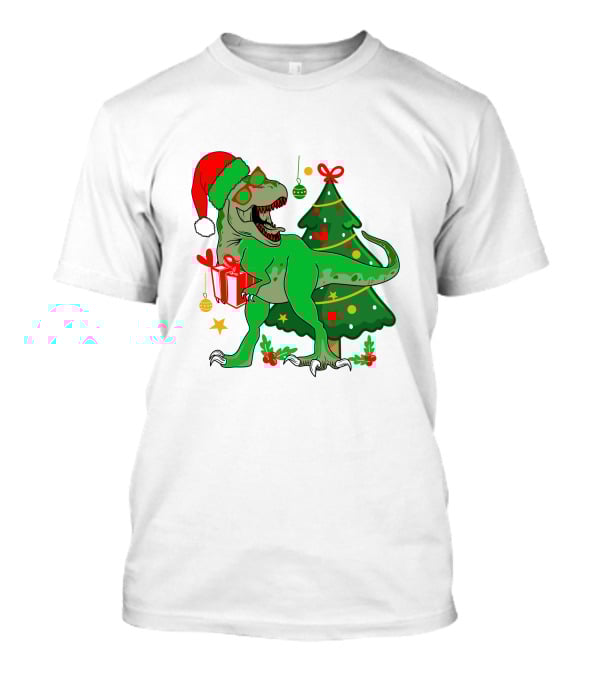Christmas Dinosaur Santa With Tree And Gift T-Shirt