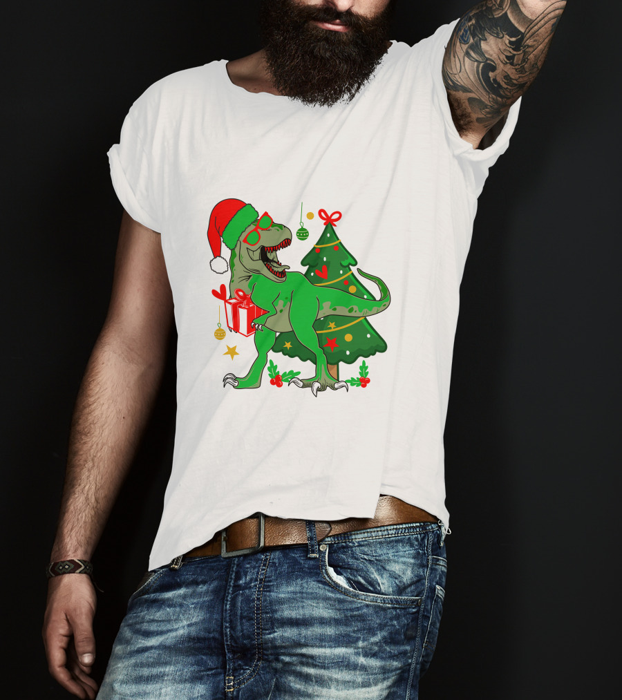 Christmas Dinosaur Santa With Tree And Gift T-Shirt