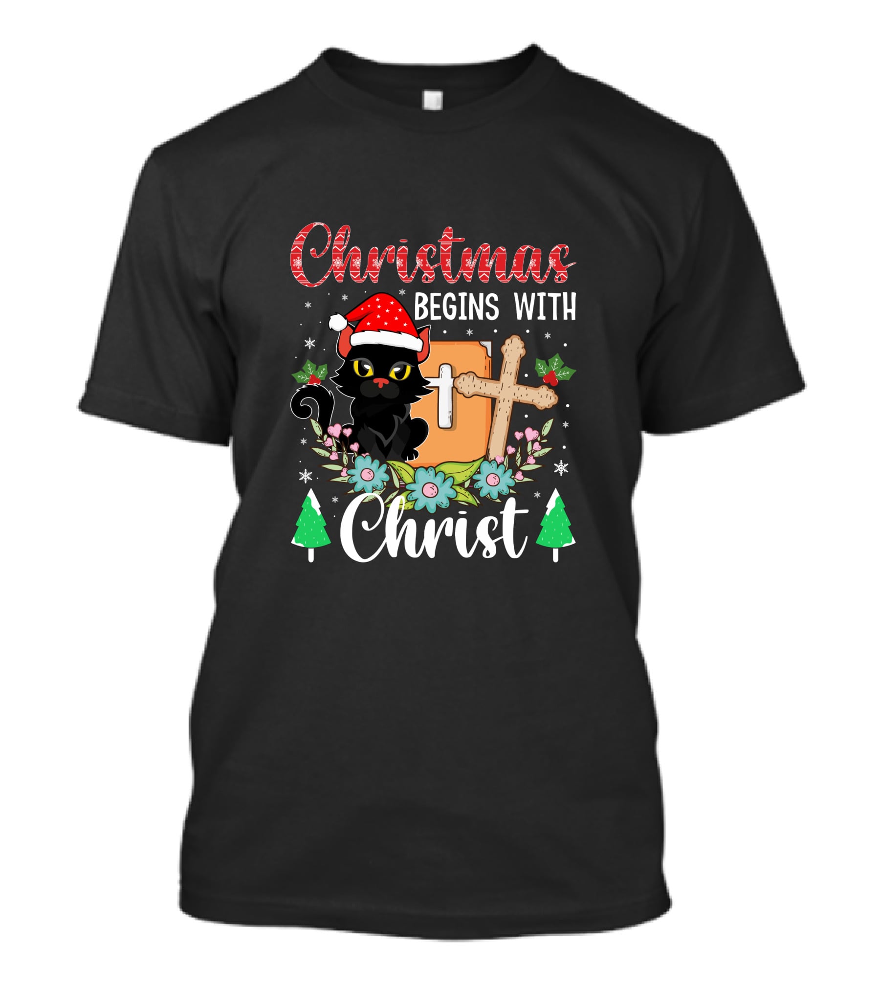 Christmas Begins With Christ Cat Santa Hat Cross Flowers T-Shirt