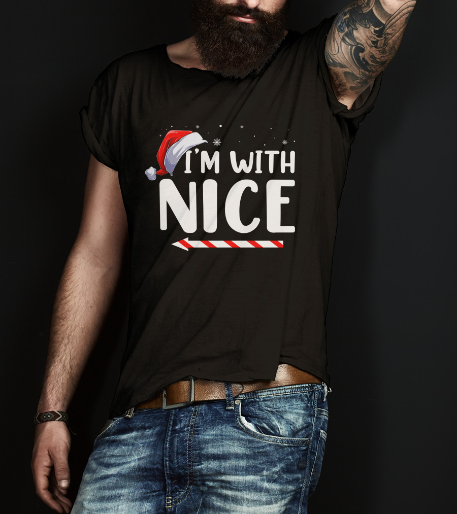 I'm With Nice Christmas Santa Hat Candy Cane Arrow T-Shirt